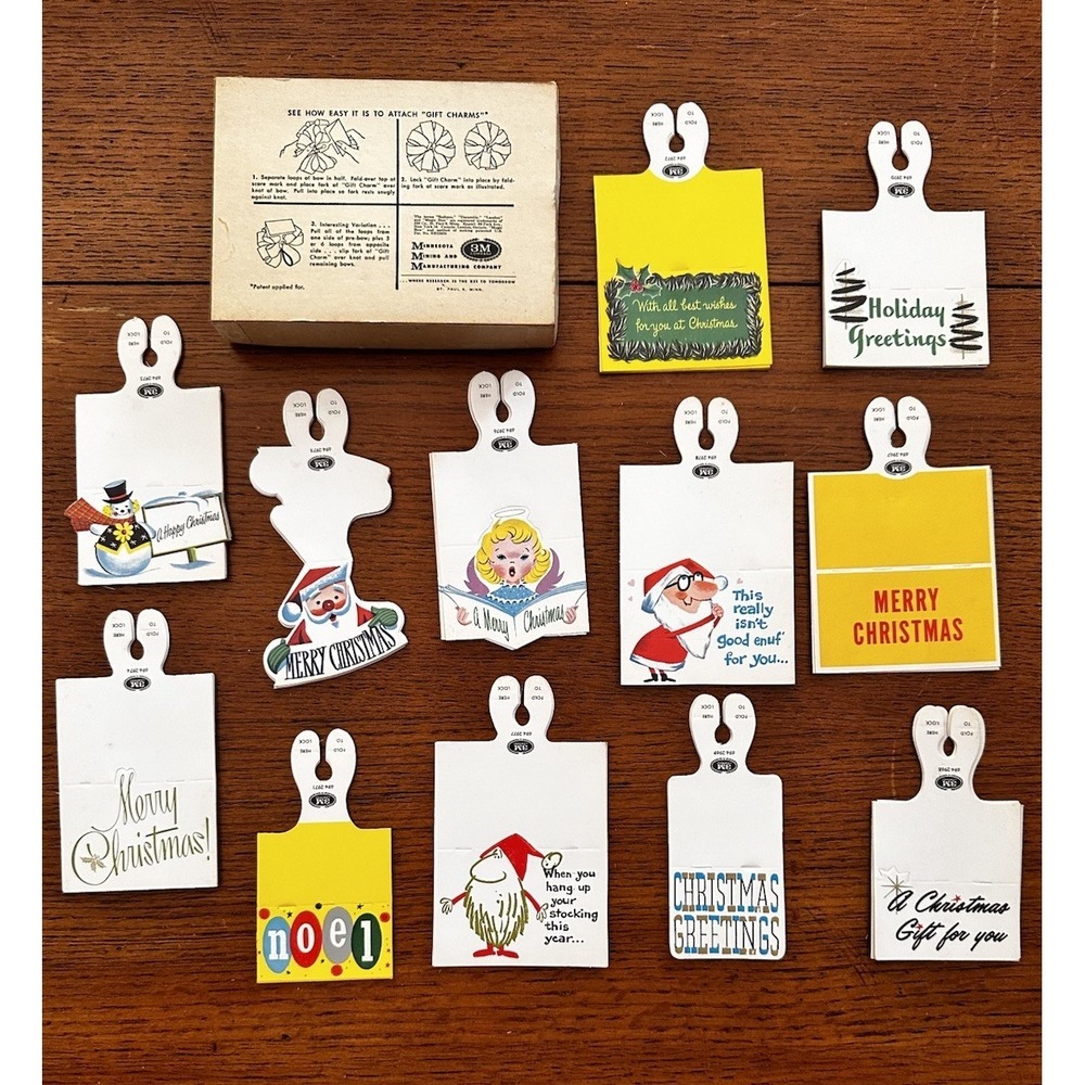 Vtg 3M Gift Charms Christmas Package Tags Boxed Set Lot 72 Mid Century MCM 1950s